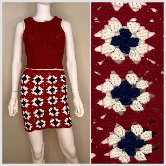 Handmade Dresses & Skirts - Vintage 1970s Crochet Granny Square Skirt and Sweater Vest Set, Handmade Size XS